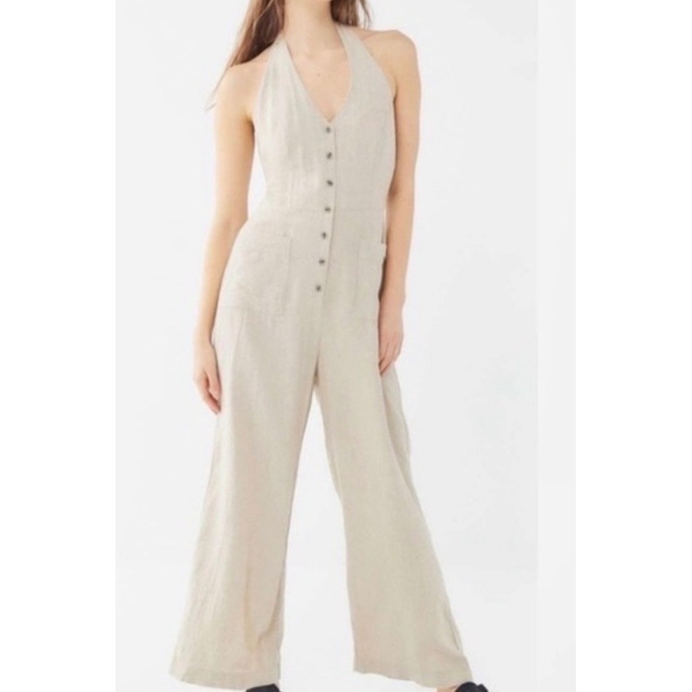 Urban Outfitters Arlo Linen Blend Halter Wide Leg Jump suit Beige Women's S